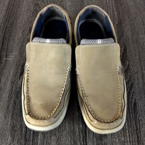 Clark's mens 10 suede tan loafers grey mesh slip on. Sturdy good used condition
